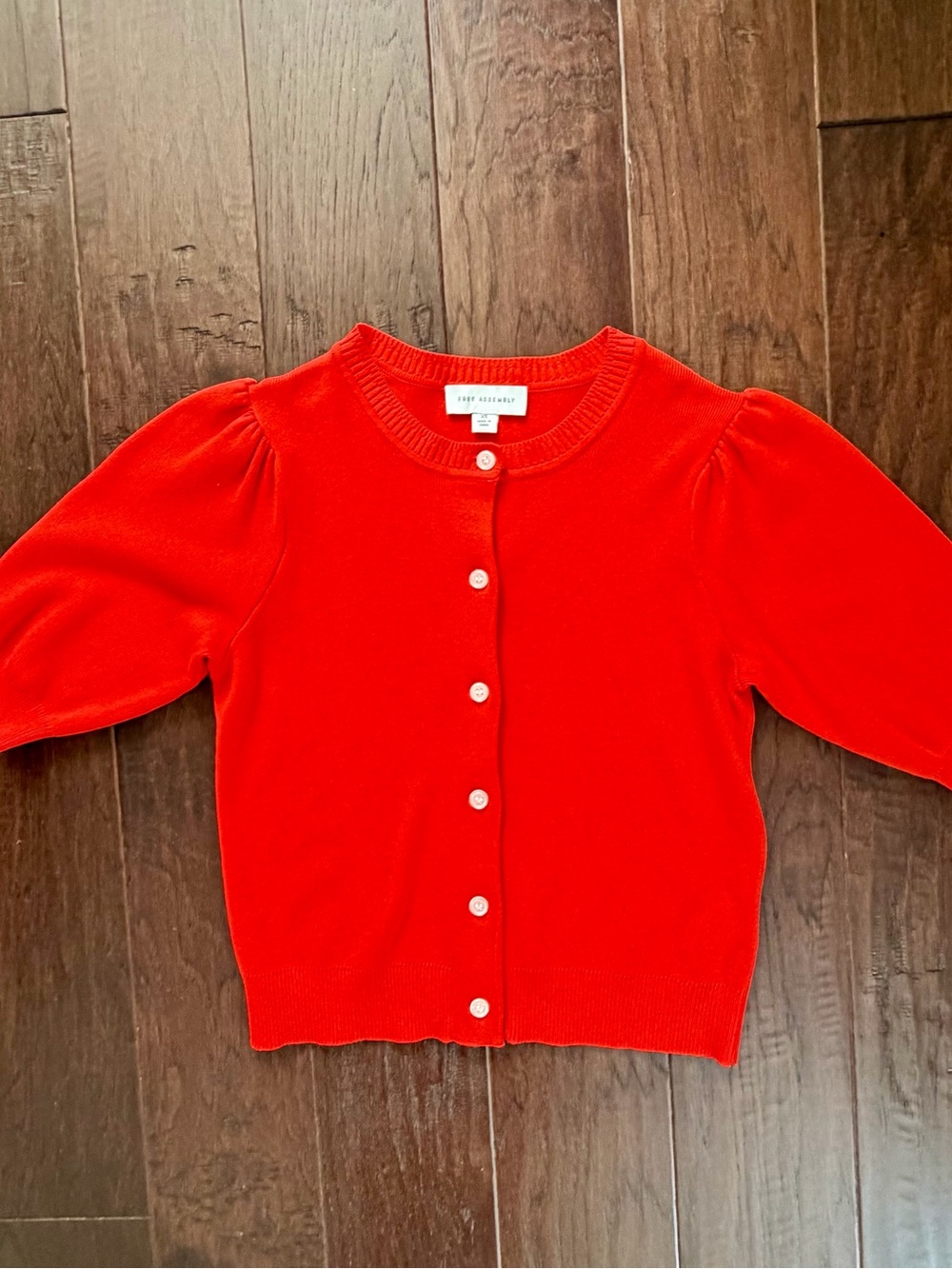 Free Assembly orange Puff-Sleeve Crewneck Cardigan.
